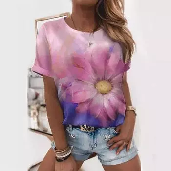 Футболка с 3D-цветочным принтом и круглым вырезом для женщин, повседневные футболки с короткими рукавами, женский топ S