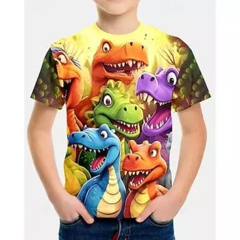 Футболка с 3D-динозавром для мальчиков, футболка с коротким рукавом, летняя, весенняя, модная, базовая, с круглым вырезом, для активного отдыха, повседневная, стандартного кроя 100