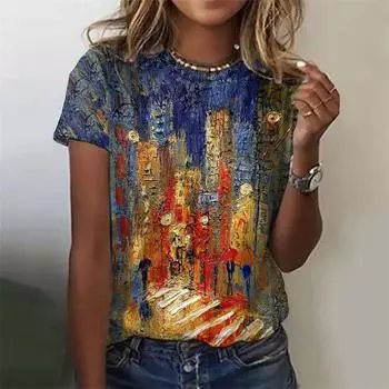 Футболка с 3D-печатью и масляной живописью для женщин, красочные графические футболки, летние повседневные футболки больших размеров, топы с круглым вырезом и короткими рукавами S