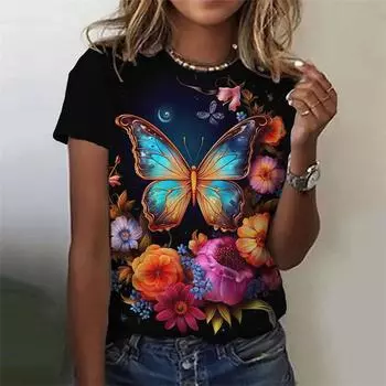 Футболка с 3D-принтом «Бабочка» для женщин, футболки с цветным узором, летняя мода, топы с круглым вырезом, индивидуальные футболки, уличные футболки с короткими рукавами XL