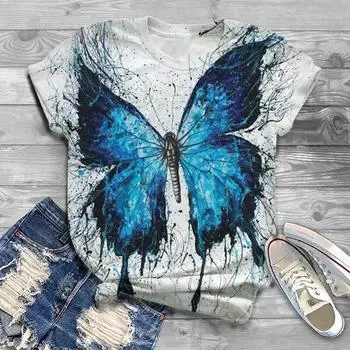 Футболка с 3d принтом Blue Flame Butterfly, женские модные футболки, футболка с цветочным принтом, повседневные топы с короткими рукавами, футболка, женская футболка большого размера S