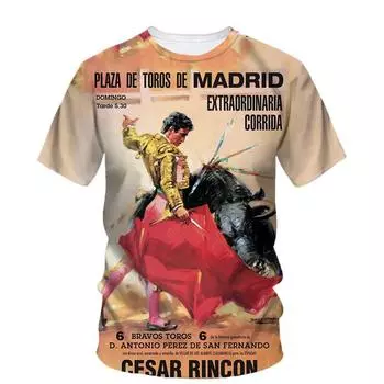 Футболка с 3D-принтом «Бой быков» для мужчин, летняя, с круглым вырезом, коротким рукавом, свободные футболки, повседневная, свободная, испанская, уличная одежда 4XL