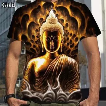 Футболка с 3D-принтом Буддизм Шакьямуни, мужская футболка с коротким рукавом, тонкая футболка, повседневный топ S золотой