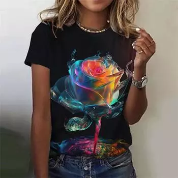 Футболка с 3D-принтом «Цветок розы» для женщин, футболки с цветочным узором, летние повседневные футболки с короткими рукавами и круглым вырезом, свободные футболки XL