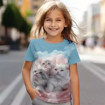 Футболка с 3D-принтом для девочек 2025 года, милые футболки с изображением животных из мультфильмов для девочек, детская подарочная футболка с коротким рукавом, повседневный топ, детская одежда 100