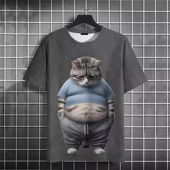 Футболка с 3D-принтом Fat Cat для мужчин, забавная графика животных, футболки с коротким рукавом, летние уличные повседневные свободные топы, футболки с круглым вырезом S