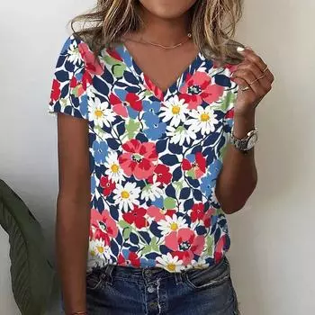 Футболка с 3D-принтом и цветочным принтом в виде тропических листьев, летние женские футболки с V-образным вырезом, топы Y2k, уличная одежда, футболки больших размеров в стиле Харадзюку, женская одежда 2XS