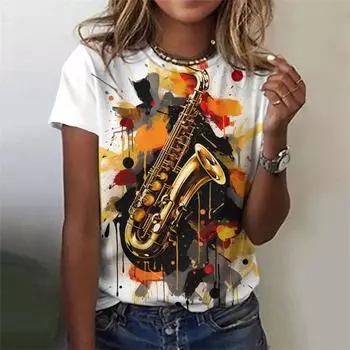 Футболка с 3D-принтом и изображением музыкальных инструментов для женщин, футболки с рисунком саксофона и скрипки, летние повседневные футболки с короткими рукавами и круглым вырезом, свободные футболки L