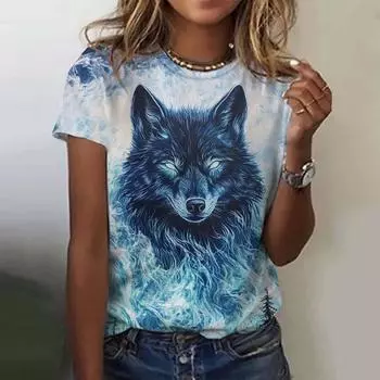 Футболка с 3D-принтом и изображением животных для женщин, футболки с рисунком волка, летние новые футболки Harajuku, топы Y2k, свободные короткие рукава, одежда для девочек S