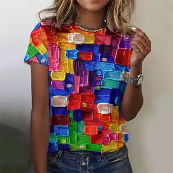 Футболка с 3D-принтом и масляной живописью, цветные узоры, летние модные уличные футболки с короткими рукавами и круглым вырезом S