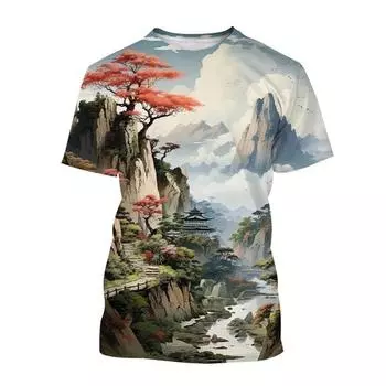 Футболка с 3D принтом и пейзажем, футболка с китайской художественной росписью для мужчин, модные летние футболки большого размера с круглым вырезом и короткими рукавами XL