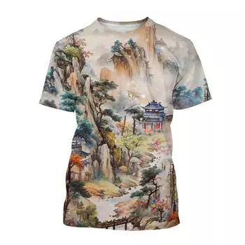 Футболка с 3D принтом и пейзажем, футболка с китайской художественной росписью для мужчин, модные летние футболки большого размера с круглым вырезом и короткими рукавами S