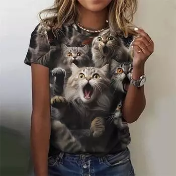 Футболка с 3D-принтом и рисунком мультяшного кота для женщин, абстрактные футболки с изображением животных, летние свободные футболки с короткими рукавами в стиле Харадзюку L