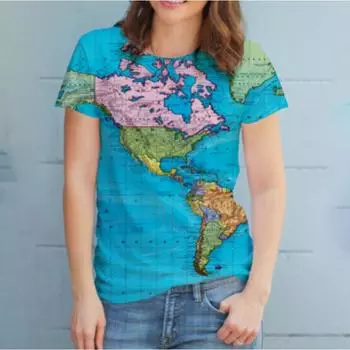 Футболка с 3D-принтом «Карта мира», женская, милая, повседневная, в стиле хип-хоп, дышащая, с короткими рукавами, для девочек S