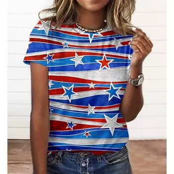 Футболка с 3D-принтом ко Дню независимости, женская футболка с круглым вырезом и короткими рукавами S