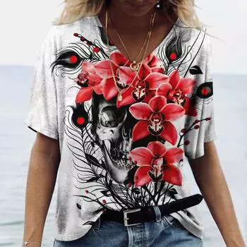 Футболка с 3D-принтом «Летние черепа» для женщин, уличная мода, повседневные футболки, топы Y2k, женские футболки Harajuku с V-образным вырезом, свободная одежда S
