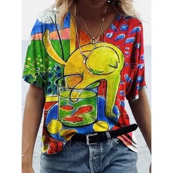 Футболка с 3D-принтом, модная и удобная женская футболка с короткими рукавами и V-образным вырезом. S