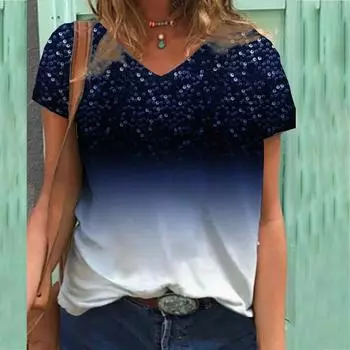 Футболка с 3D-принтом на цветочную тематику, женская футболка с короткими рукавами и V-образным вырезом с 3D-принтом S