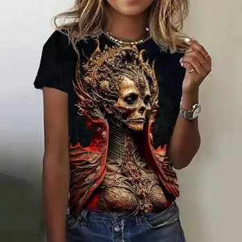 Футболка с 3D-принтом «Роза Череп» для женщин, винтажные футболки с узором, летние повседневные топы Harajuku с круглым вырезом, короткие рукава, свободные футболки S