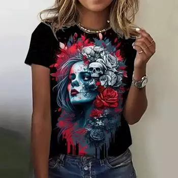 Футболка с 3D-принтом «Роза Череп» для женщин, винтажные футболки с узором, летние повседневные топы Harajuku с круглым вырезом, короткие рукава, свободные футболки S