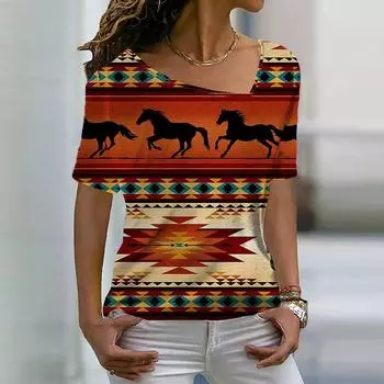 Футболка с 3D-принтом с этническими геометрическими фигурами, женская, с нестандартным V-образным вырезом, уличная, с коротким рукавом, Harajuku, большой топ Y2k S