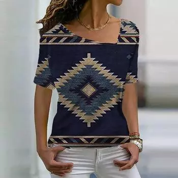 Футболка с 3D-принтом с этническими геометрическими фигурами, женская, с нестандартным V-образным вырезом, уличная, с коротким рукавом, Harajuku, большой топ Y2k S