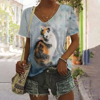 Футболка с 3D-принтом с изображением животных из мультфильмов, кошек и собак, женская уличная одежда, футболки Y2k, топы Harajuku с V-образным вырезом, праздничные футболки, свободная одежда M