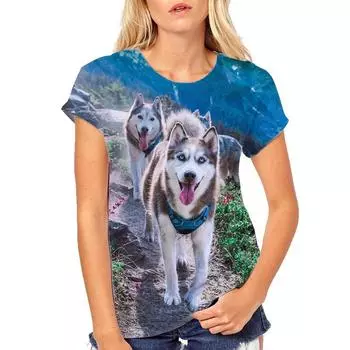 Футболка с 3D-принтом «Собака-волк» для женщин, забавные футболки с рисунком животных, летние повседневные топы с круглым вырезом, свободные футболки с коротким рукавом, уличная одежда S
