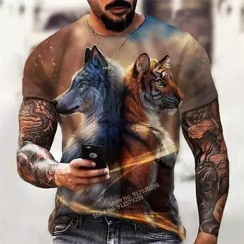Футболка с 3D принтом «Тигр и волк», мужская модная уличная одежда, топы, летняя забавная футболка с короткими рукавами XS чёрный
