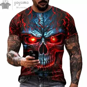 Футболка с 3D-принтом, унисекс, летний винтажный топ с принтом черепа, с коротким рукавом, модная уличная футболка унисекс с круглым вырезом, свободные топы XL