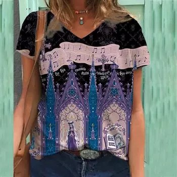 Футболка с 3D-принтом, V-образный вырез, женская футболка с короткими рукавами, топ с цветочным принтом S