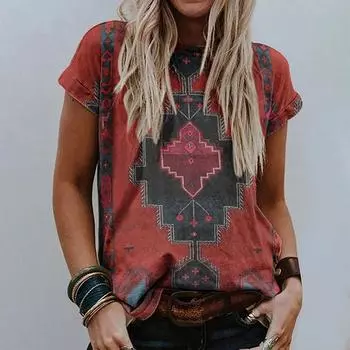 Футболка с 3D принтом в западном этническом стиле, уличная женская винтажная футболка с круглым вырезом Y2k, женские футболки в стиле Харадзюку, топы, женская одежда XS
