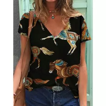 Футболка с 3D-принтом в западном этническом стиле, женская модная футболка с V-образным вырезом и короткими рукавами, футболка с верхом Y2k S