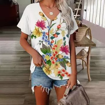 Футболка с 3D принтом XL-7XL, футболка больших размеров, женские топы с v-образным вырезом и короткими рукавами, повседневные футболки с 3D цветочным принтом XL