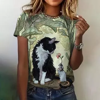 Футболка с 3D-принтом, женская одежда, модный круглый вырез, короткий рукав, топ с рисунком кота, летняя свободная одежда, повседневная одежда, женская футболка, новая S