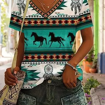 Футболка с 3D принтом «Животное Лошадь» и V-образным вырезом, футболка с коротким рукавом, женская модная футболка, футболка большого размера, женская одежда, этнические топы Y2K S