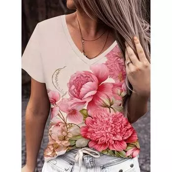 Футболка с 3D V-образным вырезом, дышащая, повседневная, спортивная, с коротким рукавом, для женщин, с полным принтом, модные розовые цветы S