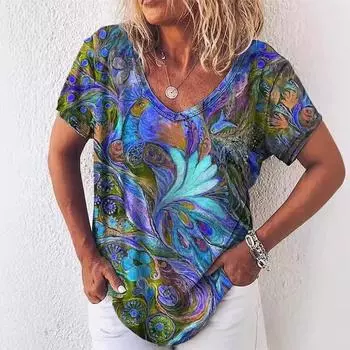Футболка с абстрактным рисунком, принтом граффити, V-образным вырезом, базовый топ, женская рубашка, свободные модные футболки для женщин S