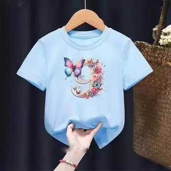 Футболка с акварельной бабочкой для детей от 1 до 9 лет, модная футболка для девочек Kawaii, подарок на день рождения, милая детская одежда 2T(90cm)