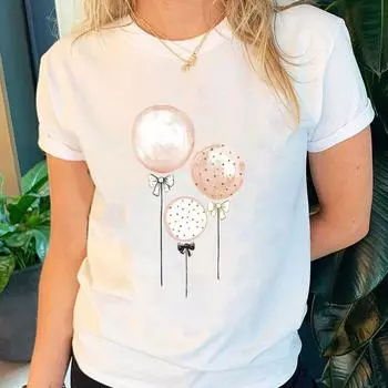 Футболка с акварельным шаром, одежда для женщин, модная женская одежда с принтом, весна-лето, футболка с короткими рукавами, повседневная футболка с мультяшным рисунком S белый