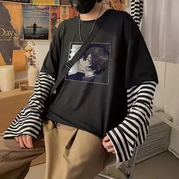 Футболка с аниме Bungou Stray Dogs Harajuku, крутая футболка с мангой Осаму Дадзай, хип-хоп, мужская футболка большого размера с длинными рукавами, летняя футболка в полоску S бежевый