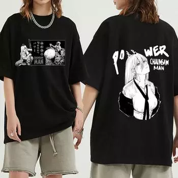 Футболка с аниме «Человек бензопилы», забавная футболка «Manga Denji Pochita Power», мужская и женская модная повседневная футболка с коротким рукавом большого размера, уличная одежда S чёрный