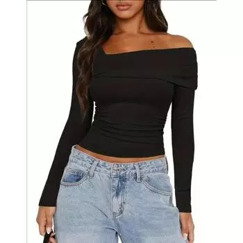 Футболка с асимметричным вырезом, повседневная футболка с длинным рукавом для весны и осени, женская одежда S белый