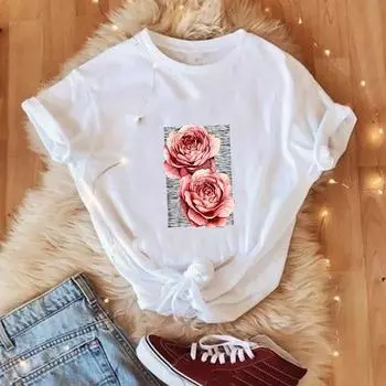 Футболка с азиатским размером и принтом, летний топ с цветочным принтом, акварель, трендовый стиль, графическая футболка, повседневная женская женская футболка с героями мультфильмов, женская мода, футболка с коротким рукавом S