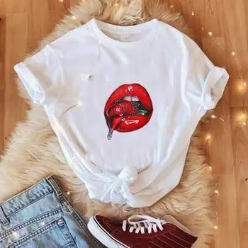 Футболка с азиатским размером и принтом, летняя футболка с забавным стилем и рисунком для губ, повседневная женская женская футболка с героями мультфильмов, женская модная футболка с коротким рукавом S