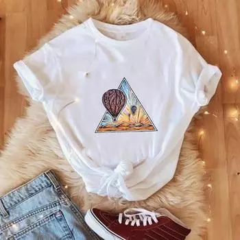 Футболка с азиатским размером и принтом, летняя футболка с изображением горячего воздушного шара для путешествий, повседневная женская футболка с рисунком, женская мода, футболка с коротким рукавом S