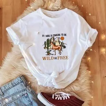 Футболка с азиатским размером и принтом, летняя футболка Wild Horse Adventure, повседневная женская футболка с рисунком, женская модная футболка с коротким рукавом S