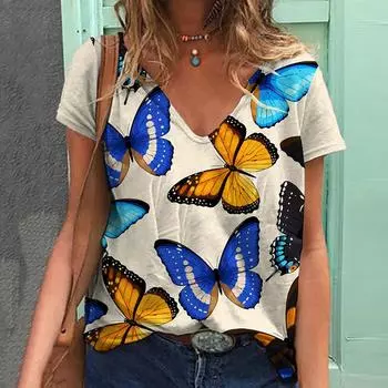 Футболка с бабочкой 3d, женские футболки с персонажами Harajuku, модная повседневная футболка с коротким рукавом и V-образным вырезом, женская одежда больших размеров S