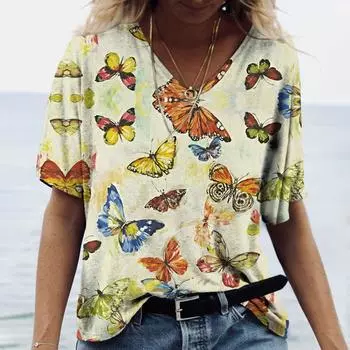 Футболка с бабочкой для женщин, летняя одежда для девочек, футболки, женская толстовка в стиле Харадзюку, блузка с v-образным вырезом, большие дешевые топы с короткими рукавами M