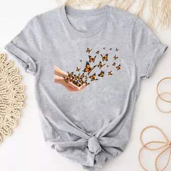 Футболка с бабочкой, модная футболка, одежда, милый стиль, тренд 90-х годов, повседневная женская футболка с коротким рукавом и принтом, женская женская футболка с графикой S
